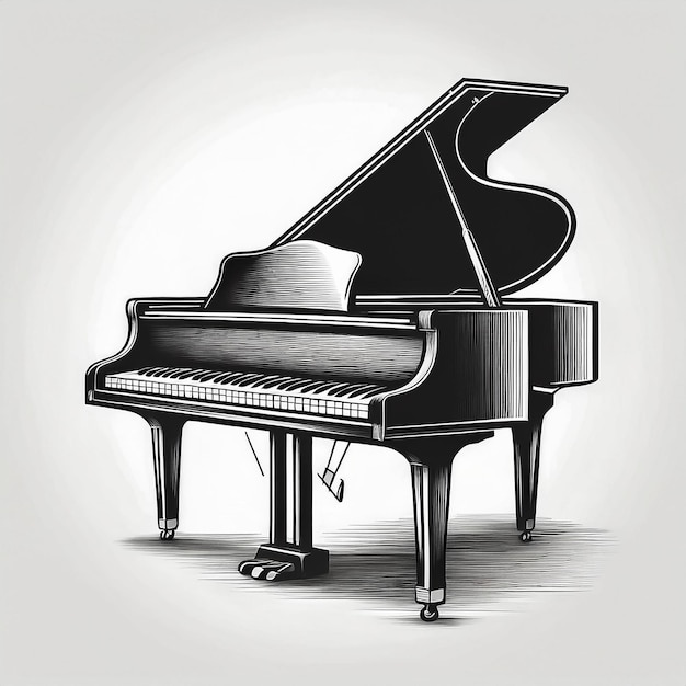 a black and white drawing of a piano with a picture of a piano