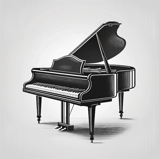 a black and white drawing of a piano with a picture of a piano