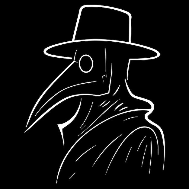 A black and white drawing of a plague doctor with a hat on.