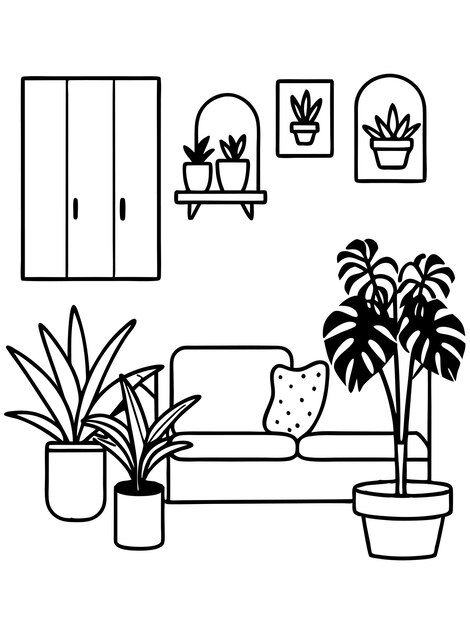 Vector a black and white drawing of a plant and a potted plant