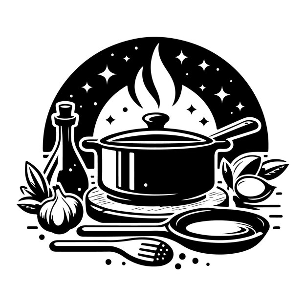 Vector a black and white drawing of a pot and pans with a flame on it