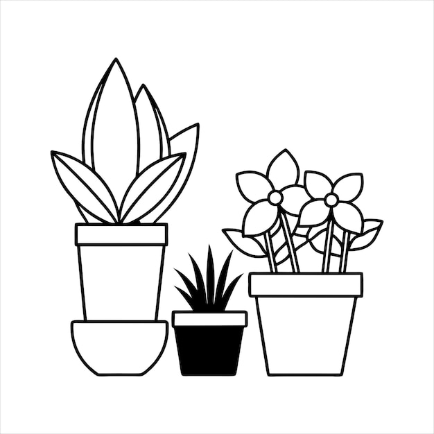 Vector a black and white drawing of a potted plant and potted plants