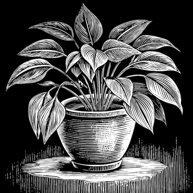 a black and white drawing of a potted plant with leaves in it