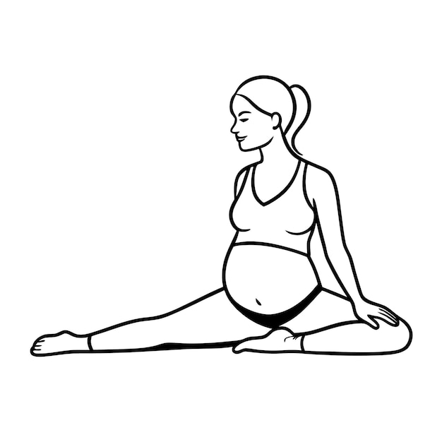 a black and white drawing of a pregnant woman doing yoga