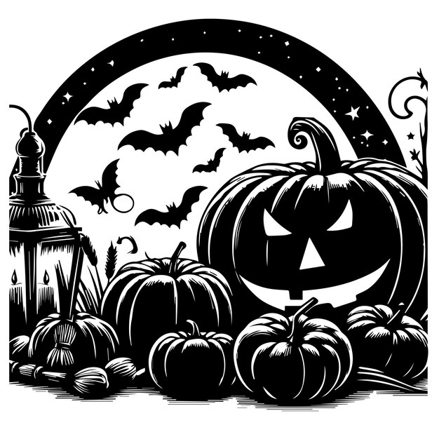 a black and white drawing of a pumpkin with bats and a black and white background