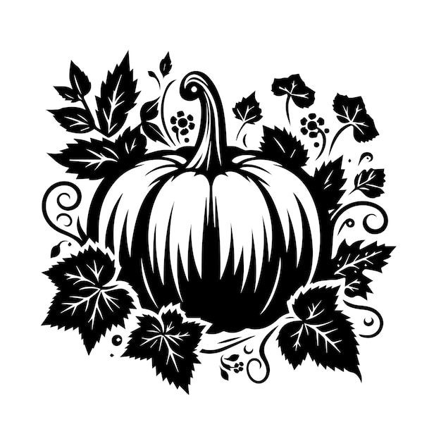 a black and white drawing of a pumpkin with a vine on it