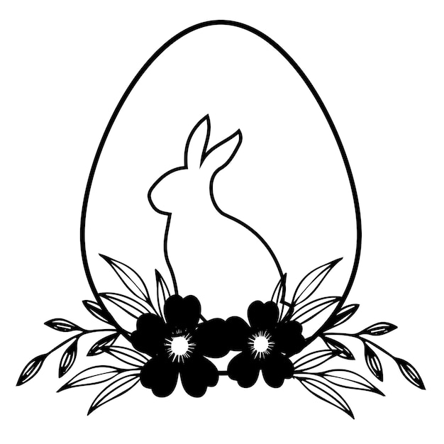 A black and white drawing of a rabbit in a egg with flowers and leaves.