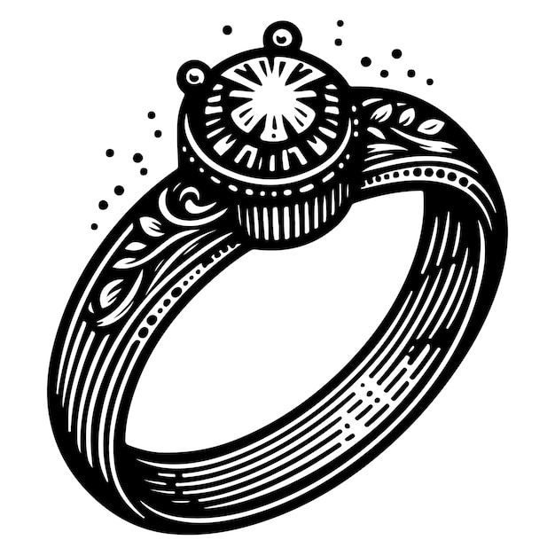 a black and white drawing of a ring with a design on it