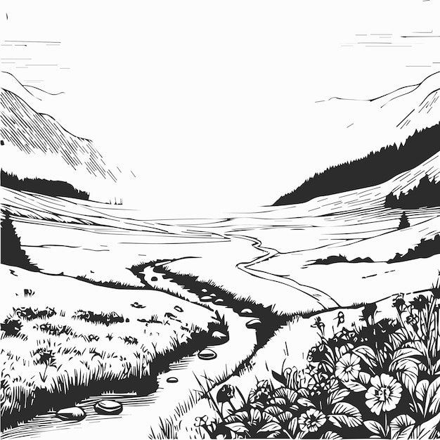 a black and white drawing of a road in a field with flowers