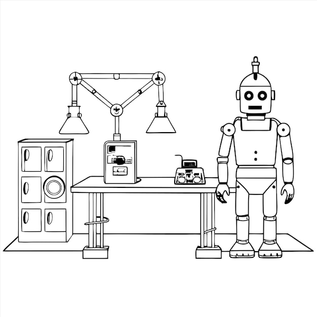 Vector a black and white drawing of a robot with a white background