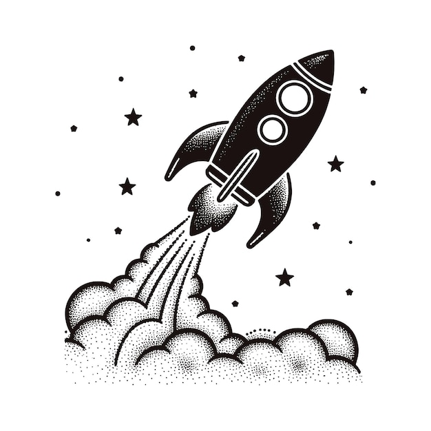 a black and white drawing of a rocket flying through the sky