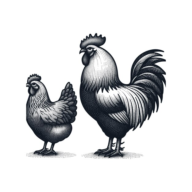 Vector a black and white drawing of a rooster and a rooster