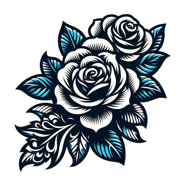 a black and white drawing of a rose with blue leaves