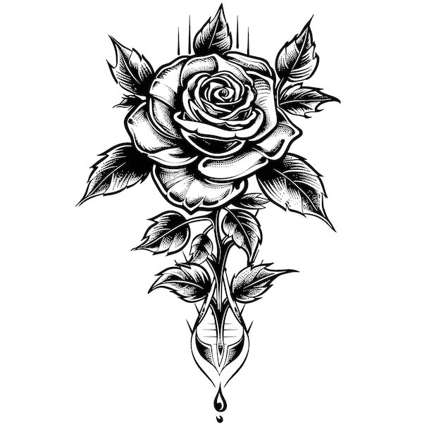 A black and white drawing of a rose with a droplet of water on it