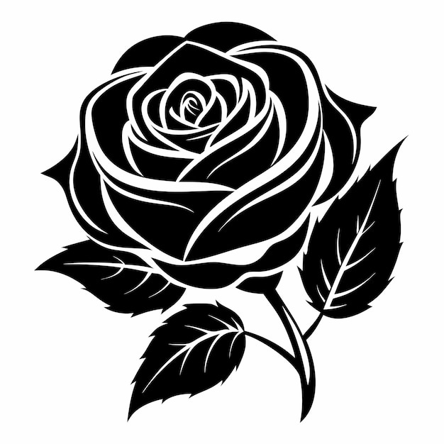 a black and white drawing of a rose with leaves and leaves