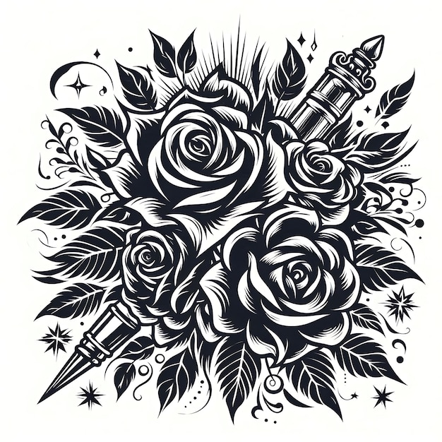 a black and white drawing of a rose with a star on it