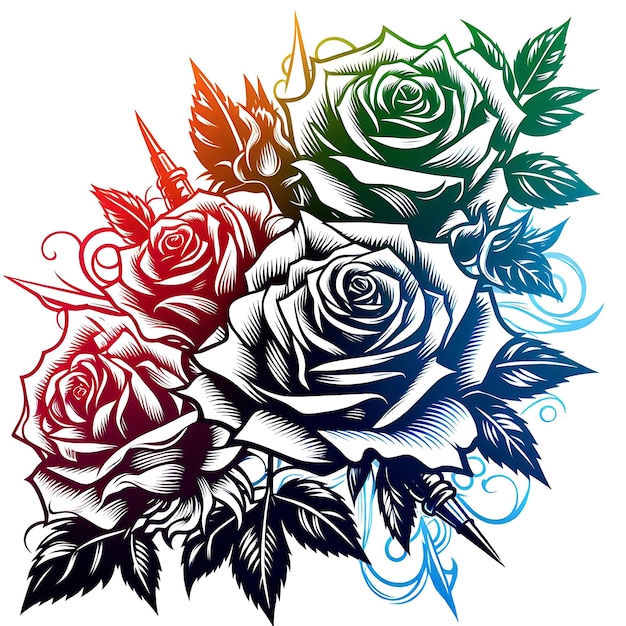 a black and white drawing of roses and leaves