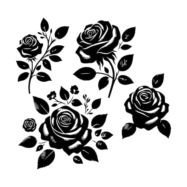 a black and white drawing of roses and leaves