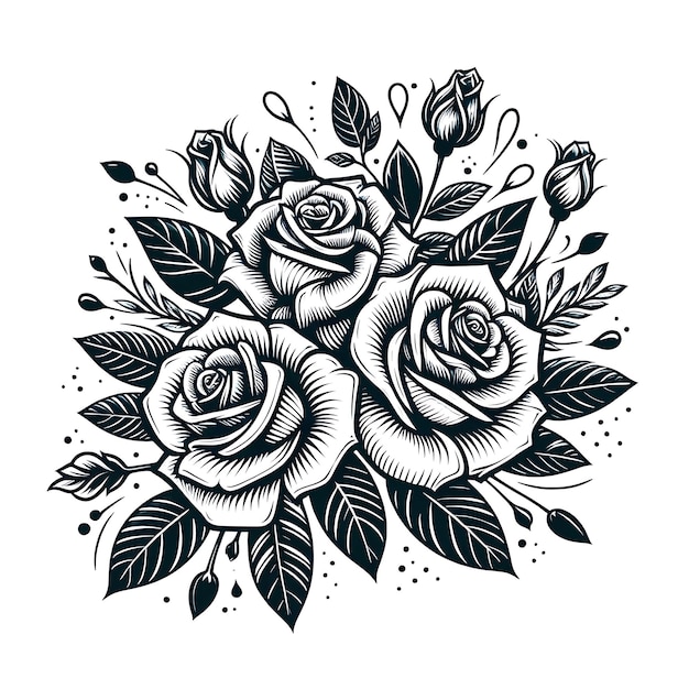 a black and white drawing of roses with leaves and flowers