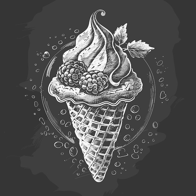 A black and white drawing of a scoop of ice cream in a cone