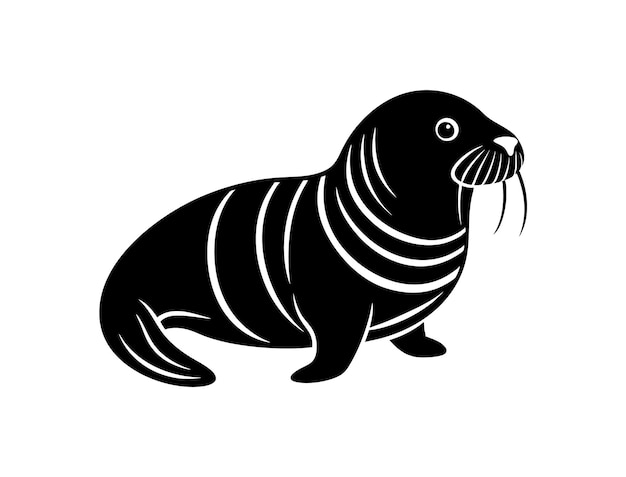 a black and white drawing of a seal with a fish in it