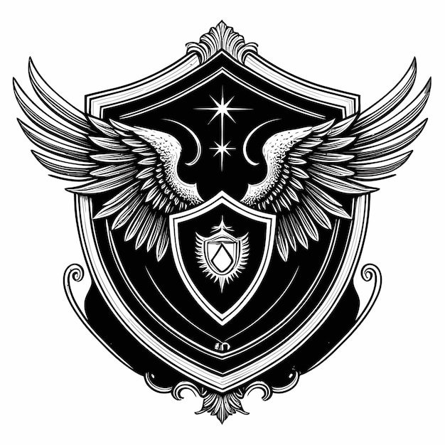 a black and white drawing of a shield with a star on it