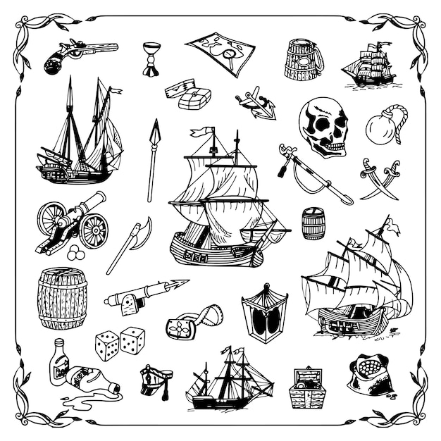 a black and white drawing of a ship and other items