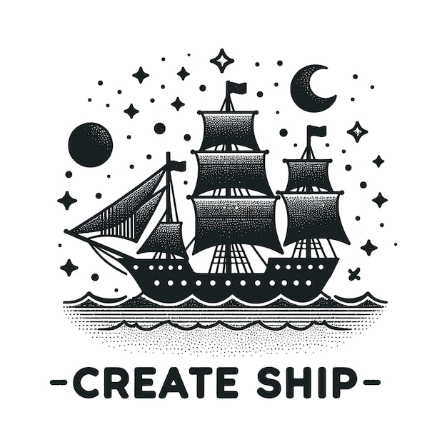 a black and white drawing of a ship with the words create ship on it