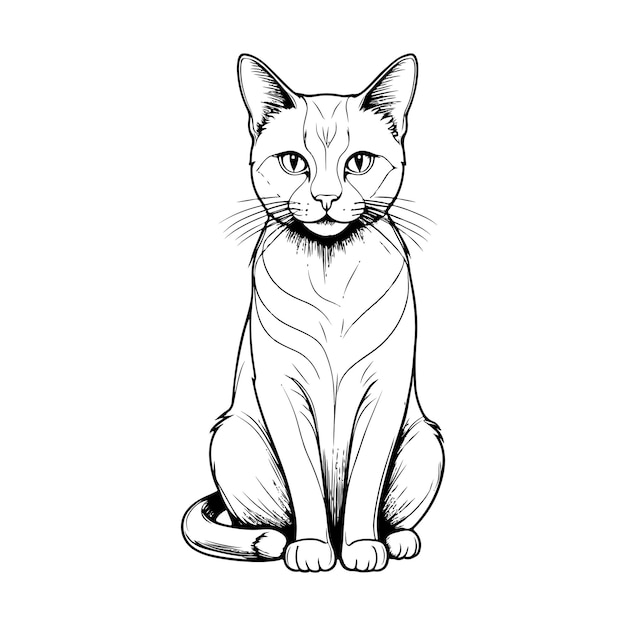 A black and white drawing showing the full body of a cat in stylized lines