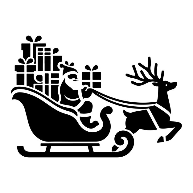 Vector a black and white drawing silhouette of a reindeer sleigh with a santa on the back