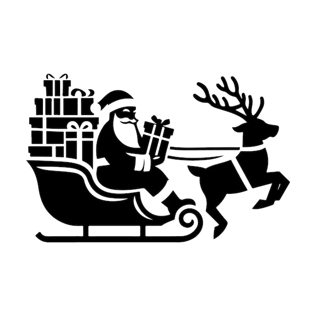 Vector a black and white drawing silhouette of a reindeer sleigh with a santa on the back