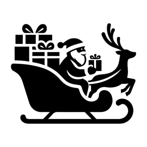 Vector a black and white drawing silhouette of a reindeer sleigh with a santa on the back