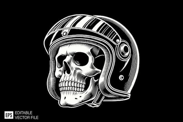 a black and white drawing of a skull and helmet