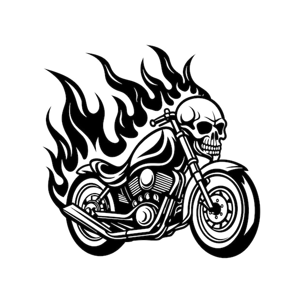 A black and white drawing of a skull on a motorcycle