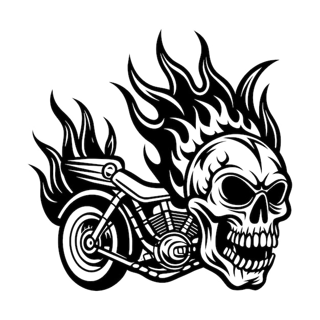 A black and white drawing of a skull on a motorcycle