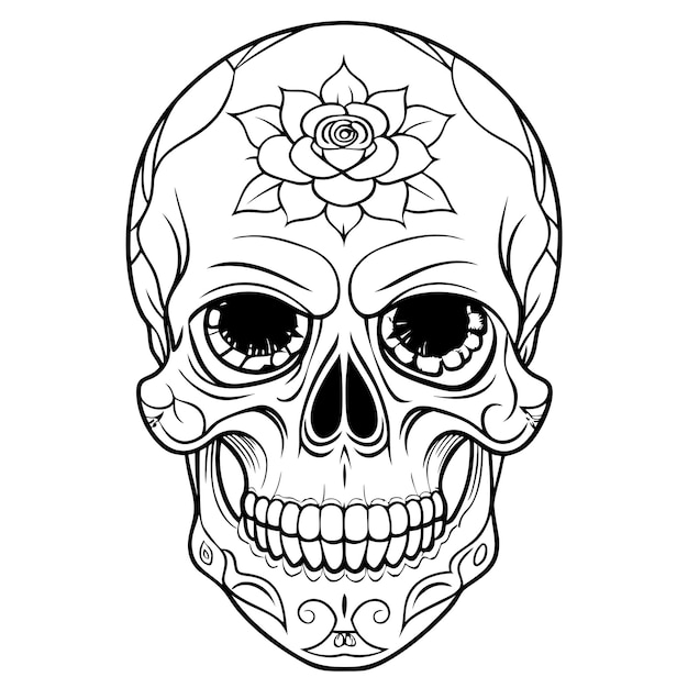 a black and white drawing of a skull with a flower on it