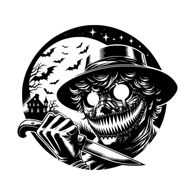 Vector a black and white drawing of a skull with a knife in his hand