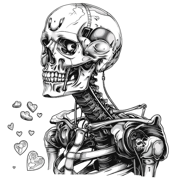 Vector a black and white drawing of a skull with many hearts on it