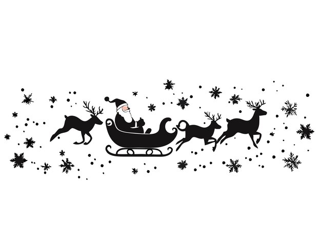 Vector a black and white drawing of a sleigh with a reindeer and snowflakes