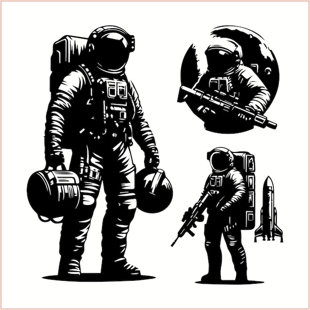 a black and white drawing of a space suit with a man holding a gun and a helmet