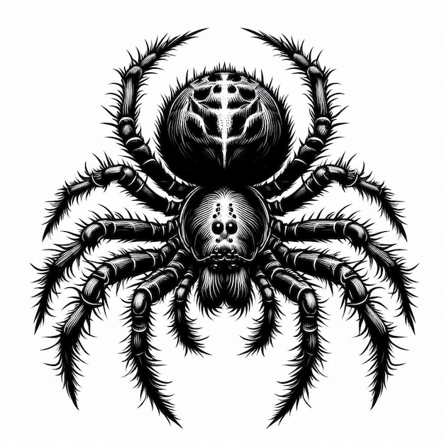 a black and white drawing of a spider with a black head and a round eye