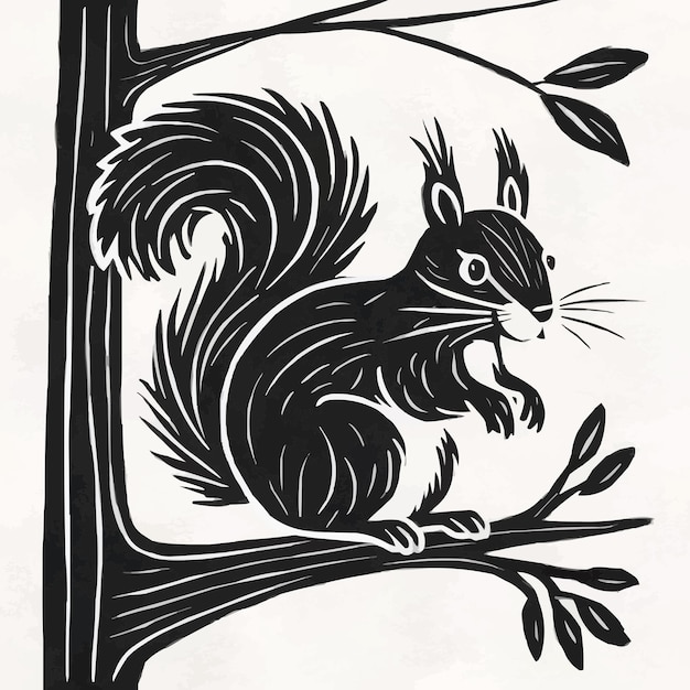 a black and white drawing of a squirrel on a tree