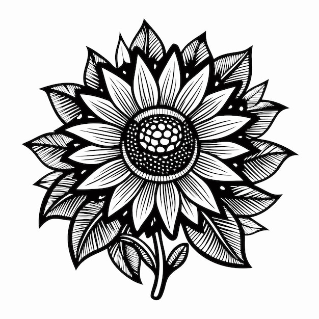 Vector a black and white drawing of a sunflower with a leafy stem