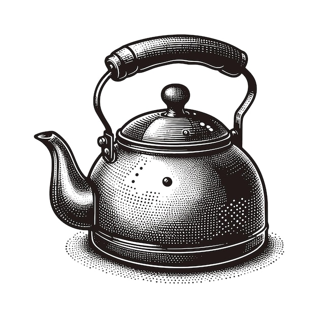 a black and white drawing of a teapot with a black lid and a black and white drawing of a kettle