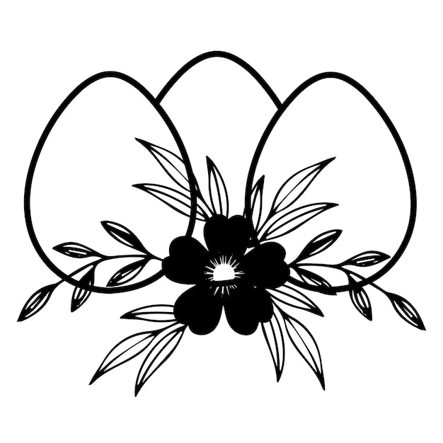 A black and white drawing of three eggs with a flower on the front.