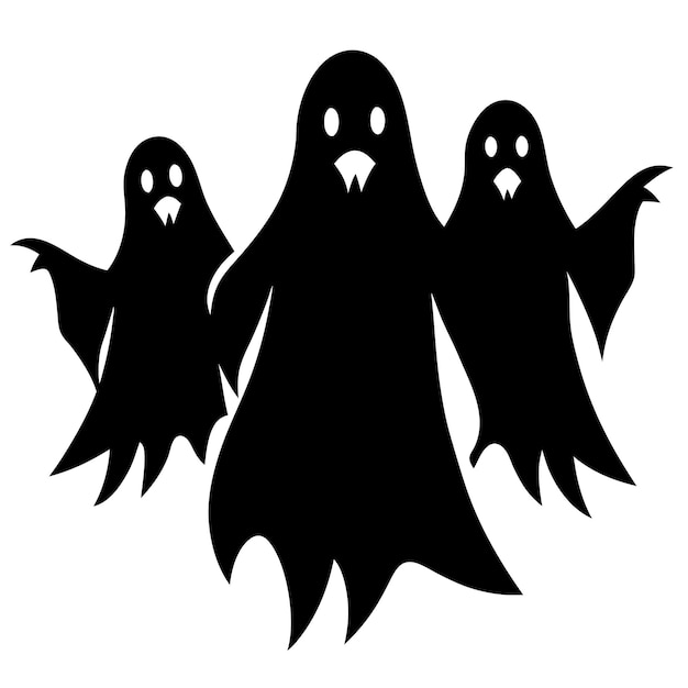 Vector a black and white drawing of three ghosts in a row