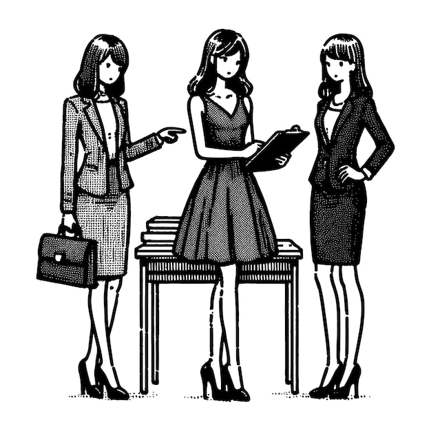 a black and white drawing of three women with a book in their hands