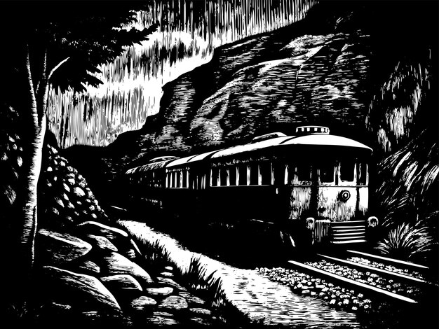 a black and white drawing of a train with a mountain in the background