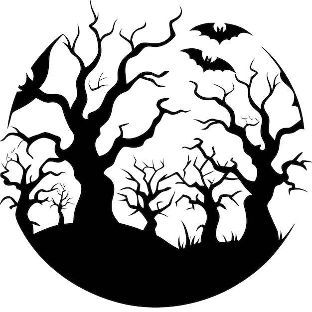 a black and white drawing of a tree with bats on it