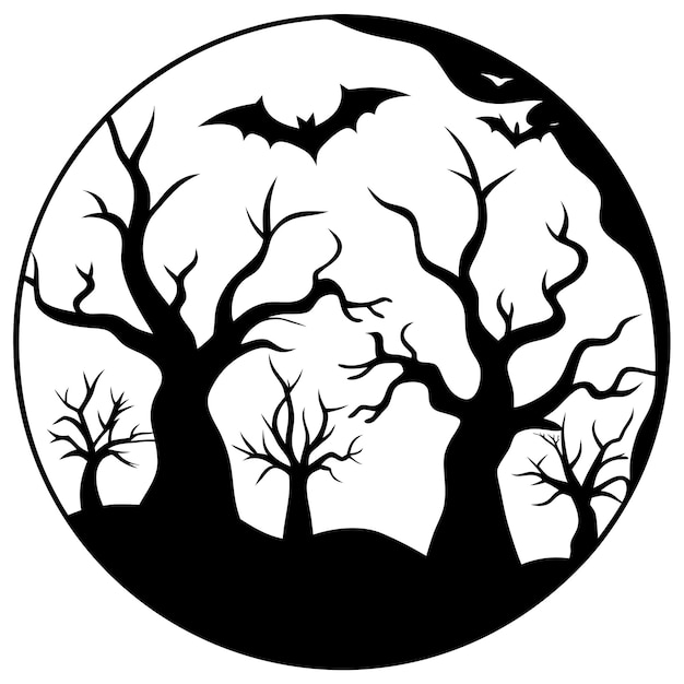 a black and white drawing of a tree with bats on it